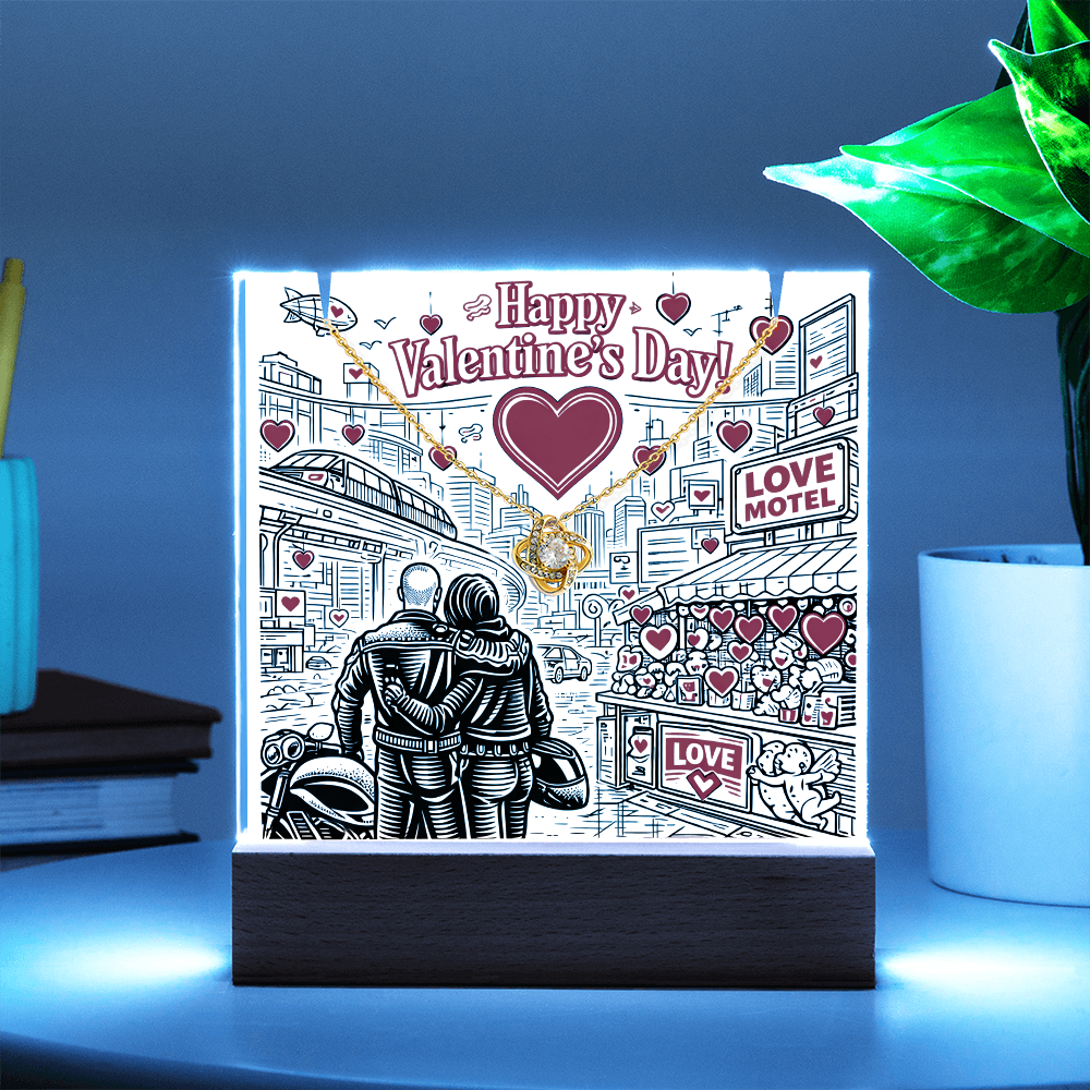 Futuristic Love. Happy Valentine's Day Cyber Punk Biker Style. Glowing Stand that lights up and holds a beautiful "Love Knot" Necklace. ON SALE NOW!