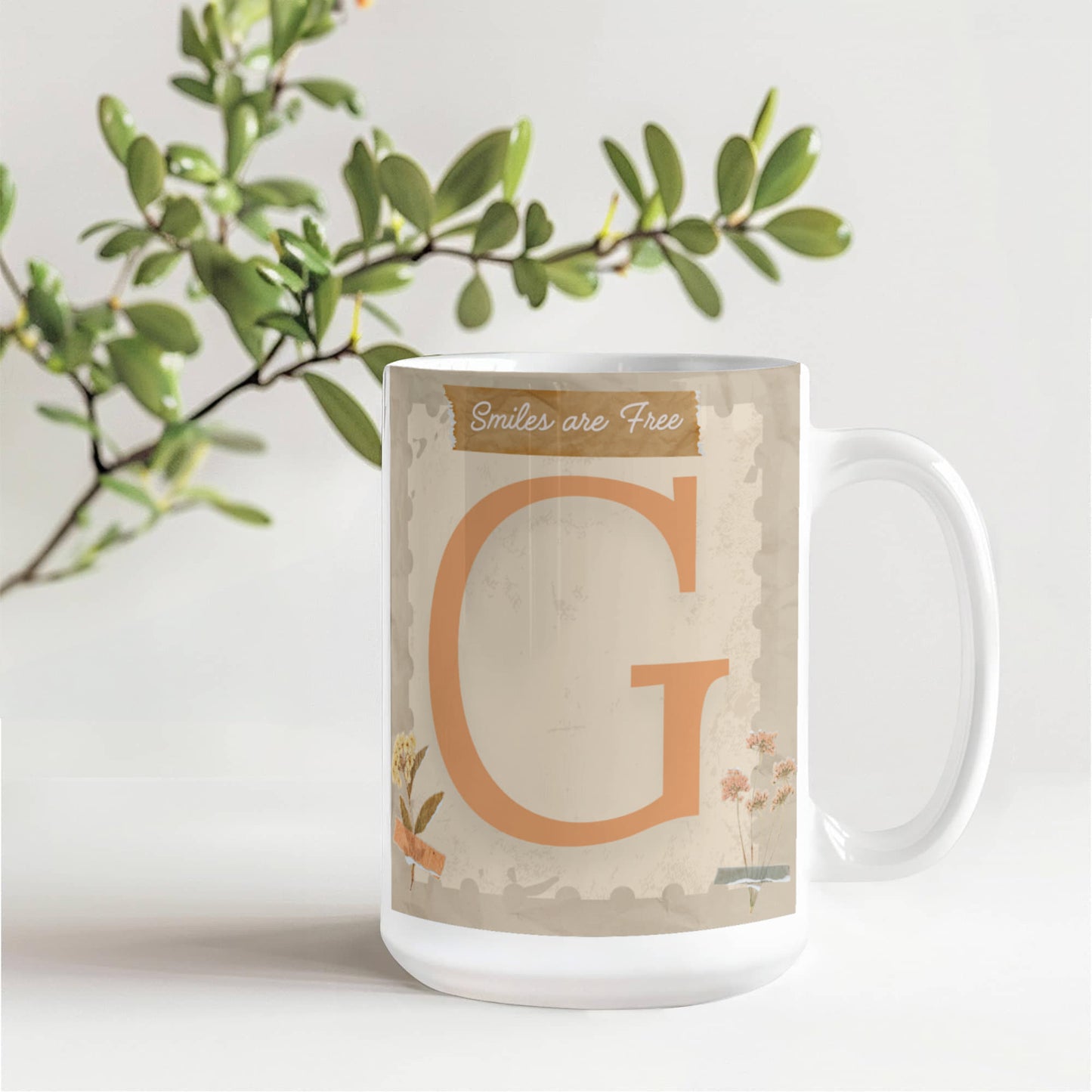 Letter G : Large Initial Mug - with the words "Smiles are Free"