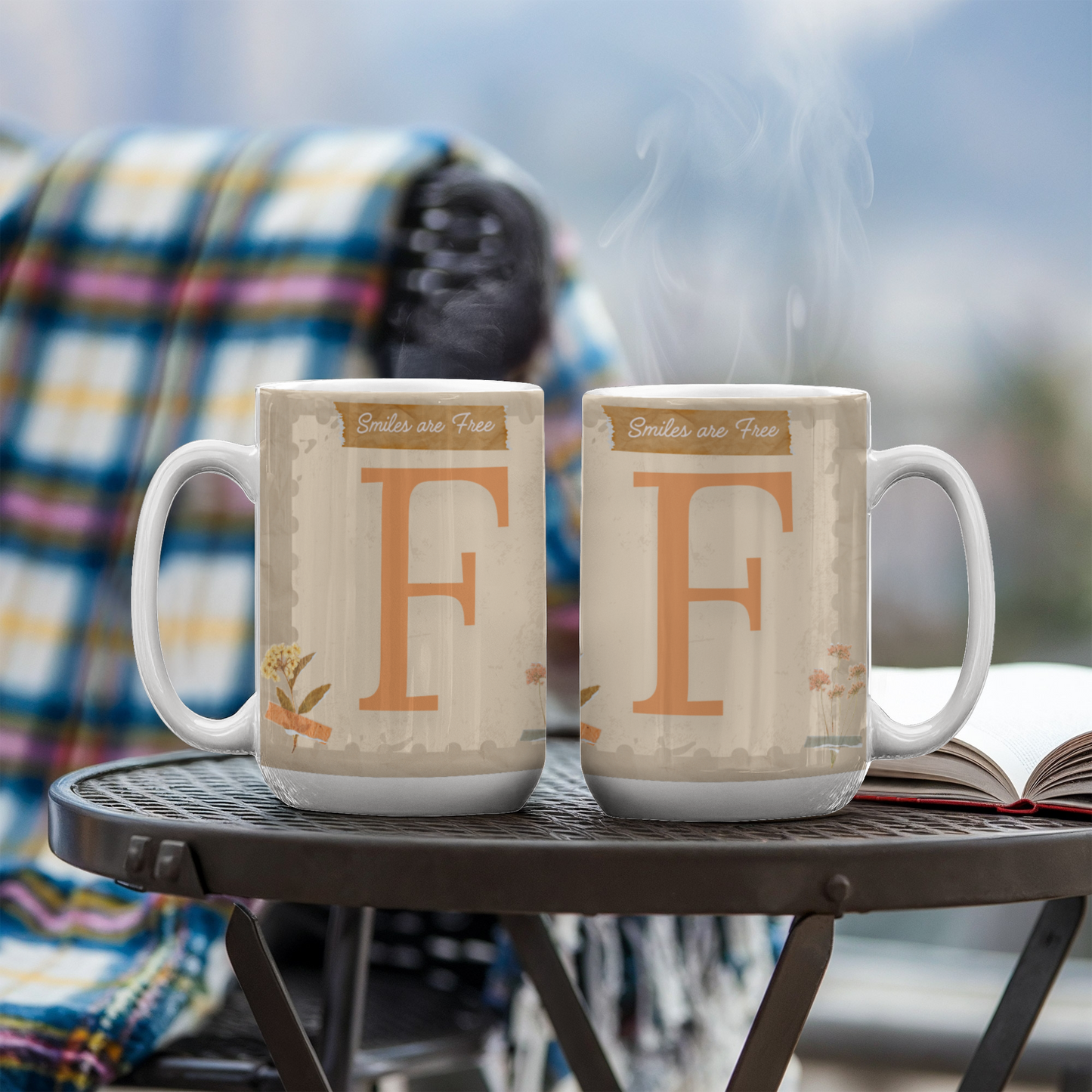 Letter F : Large Initial Mug - with the words "Smiles are Free"