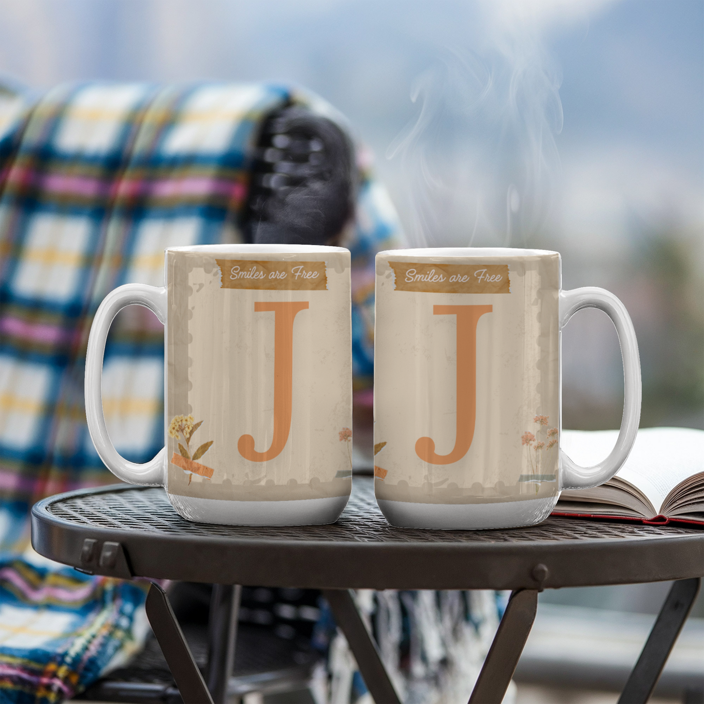 Letter J : Large Initial Mug - with the words "Smiles are Free"