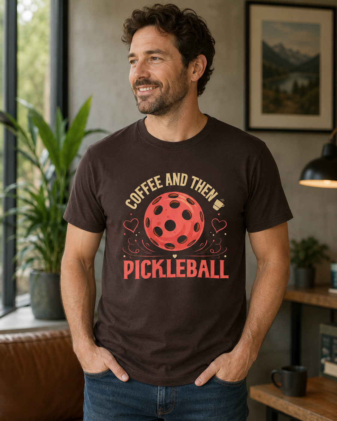 100% Cotton Pickleball Tee — "Coffee and Then Pickleball" Graphic Shirt