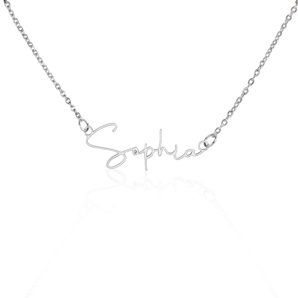 "Sign my name across the heart" is a wonderful to celebrate the name of yourself or a love one.  Get this signature style necklace as a keepsake