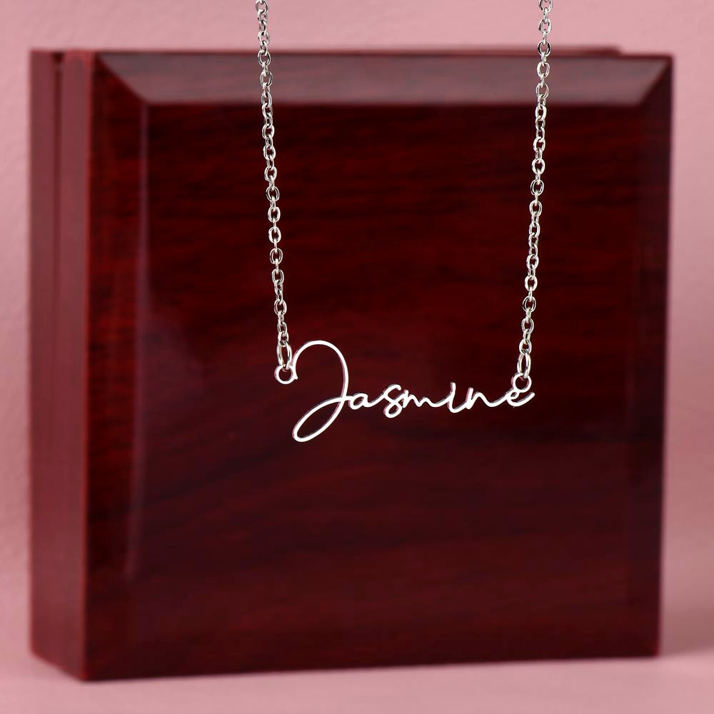 "Sign my name across the heart" is a wonderful to celebrate the name of yourself or a love one.  Get this signature style necklace as a keepsake