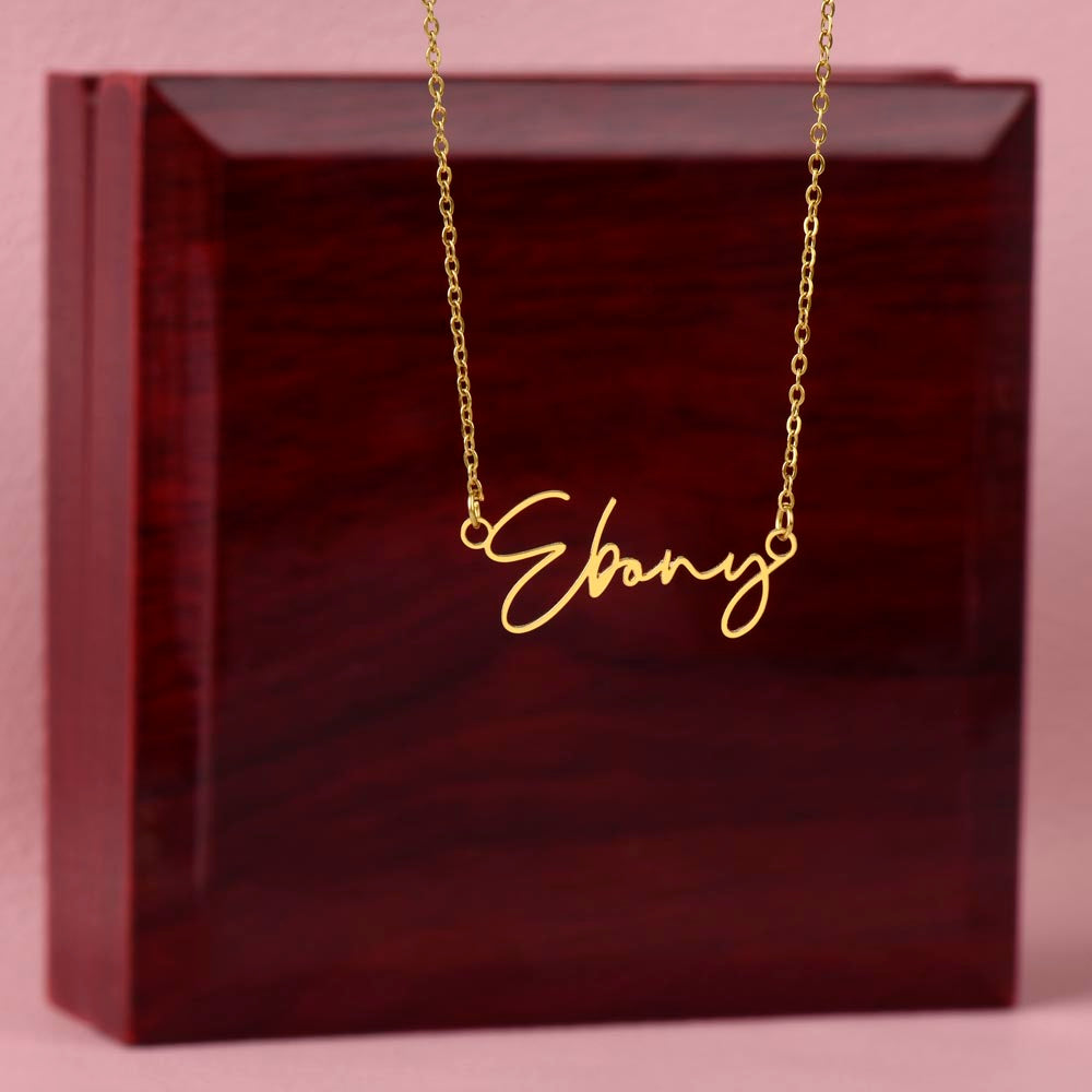 "Sign my name across the heart" is a wonderful to celebrate the name of yourself or a love one.  Get this signature style necklace as a keepsake