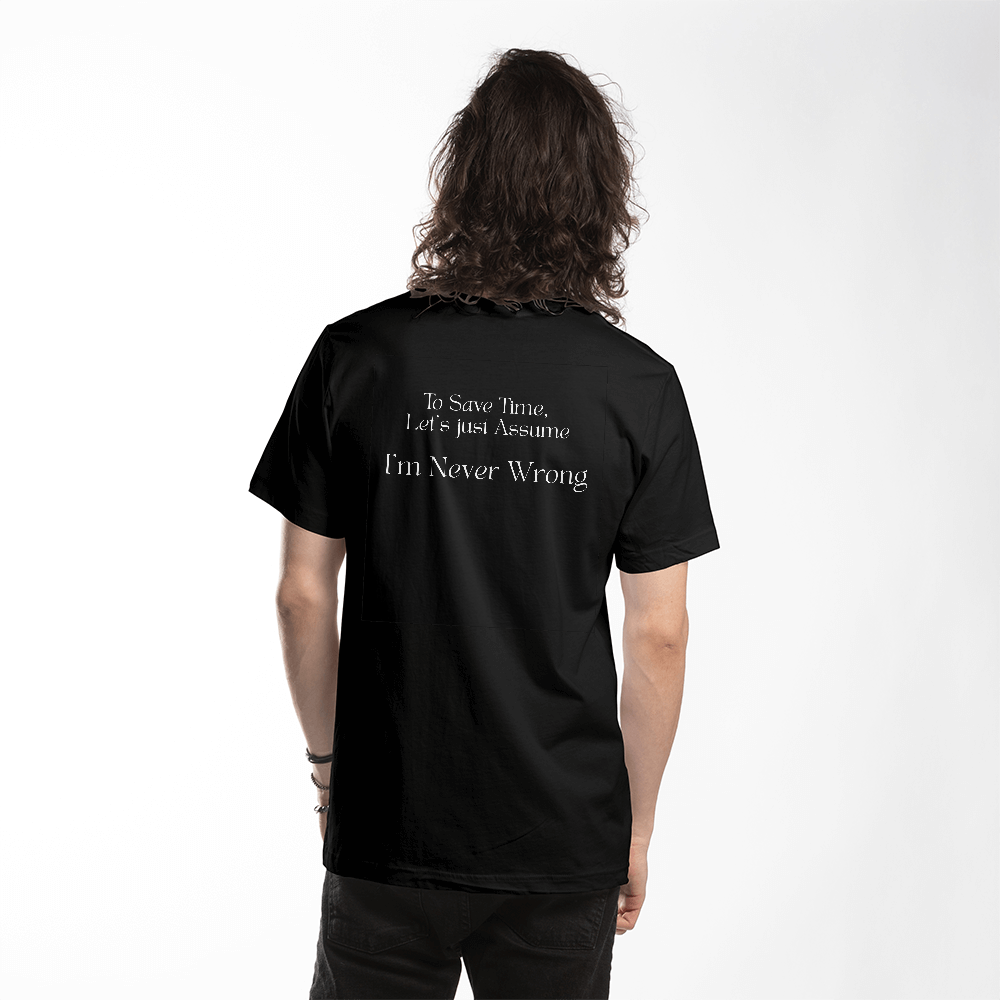 100% Airlume combed and ring-spun cotton T-Shirt in Black - Front Solid with words on the back.