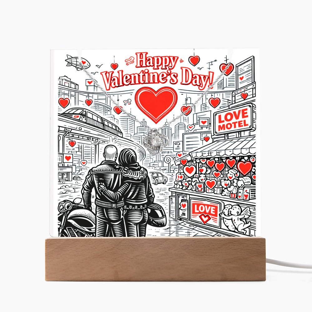 Futuristic Love.  Happy Valentine's Day Cyber Punk Biker Style.  Glowing Stand that lights up and holds a beautiful  "Love Knot" Necklace.  ON SALE NOW!