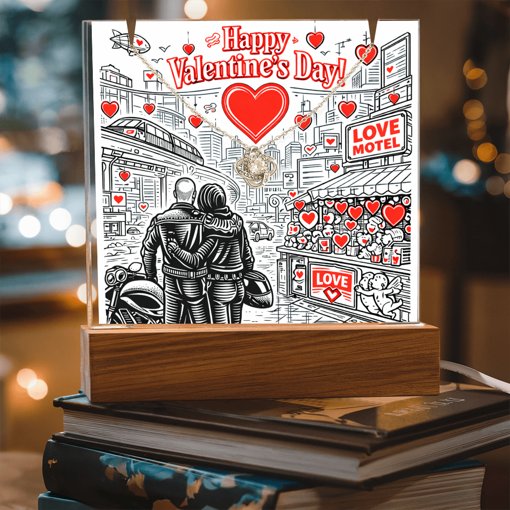 Futuristic Love.  Happy Valentine's Day Cyber Punk Biker Style.  Glowing Stand that lights up and holds a beautiful  "Love Knot" Necklace.  ON SALE NOW!