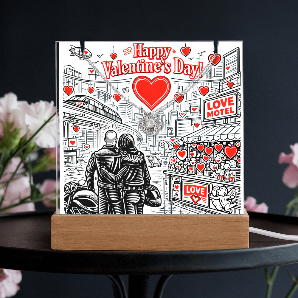 Futuristic Love.  Happy Valentine's Day Cyber Punk Biker Style.  Glowing Stand that lights up and holds a beautiful  "Love Knot" Necklace.  ON SALE NOW!