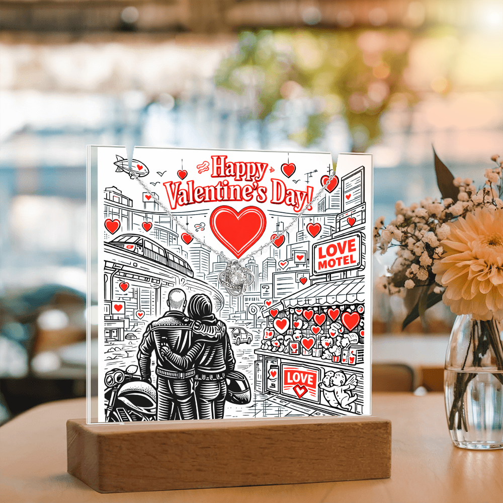 Futuristic Love.  Happy Valentine's Day Cyber Punk Biker Style.  Glowing Stand that lights up and holds a beautiful  "Love Knot" Necklace.  ON SALE NOW!