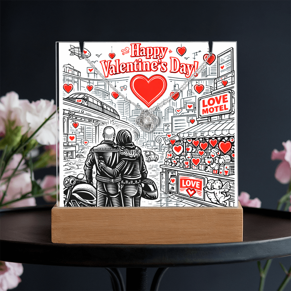 Futuristic Love.  Happy Valentine's Day Cyber Punk Biker Style.  Glowing Stand that lights up and holds a beautiful  "Love Knot" Necklace.  ON SALE NOW!