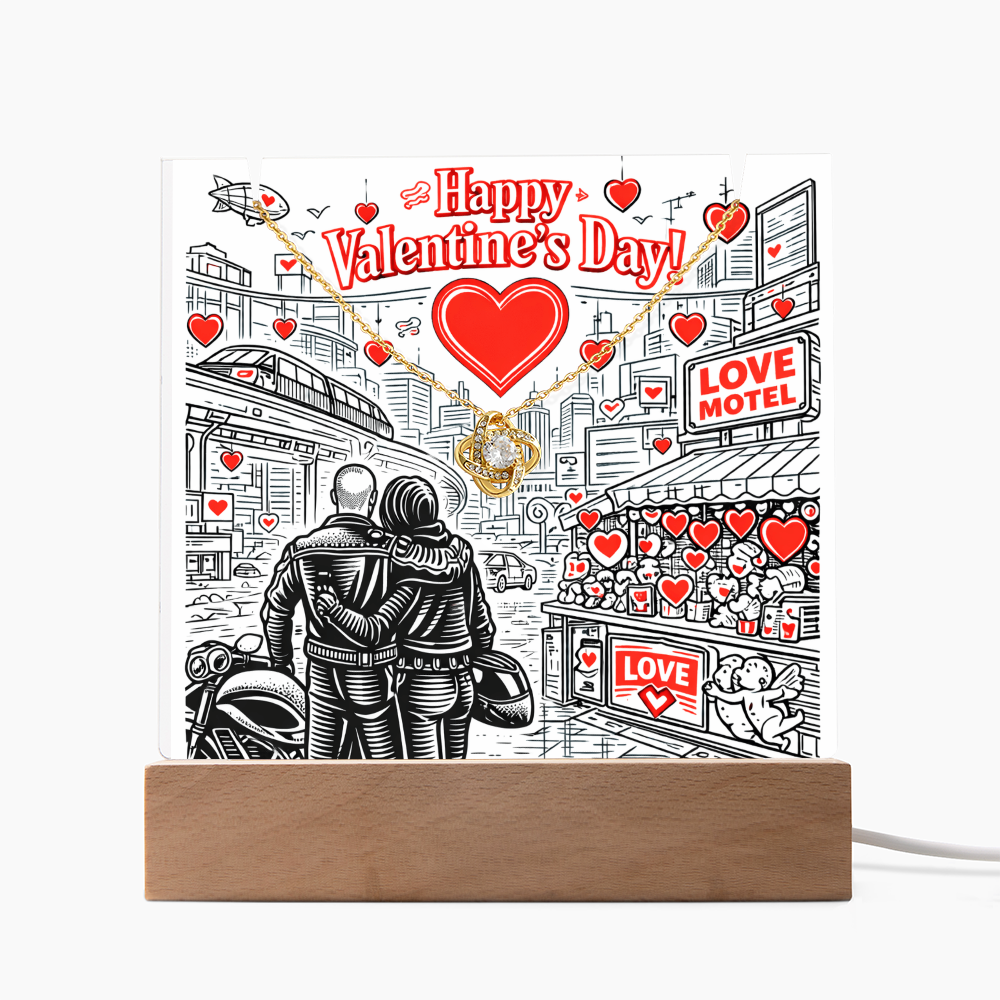 Futuristic Love.  Happy Valentine's Day Cyber Punk Biker Style.  Glowing Stand that lights up and holds a beautiful  "Love Knot" Necklace.  ON SALE NOW!