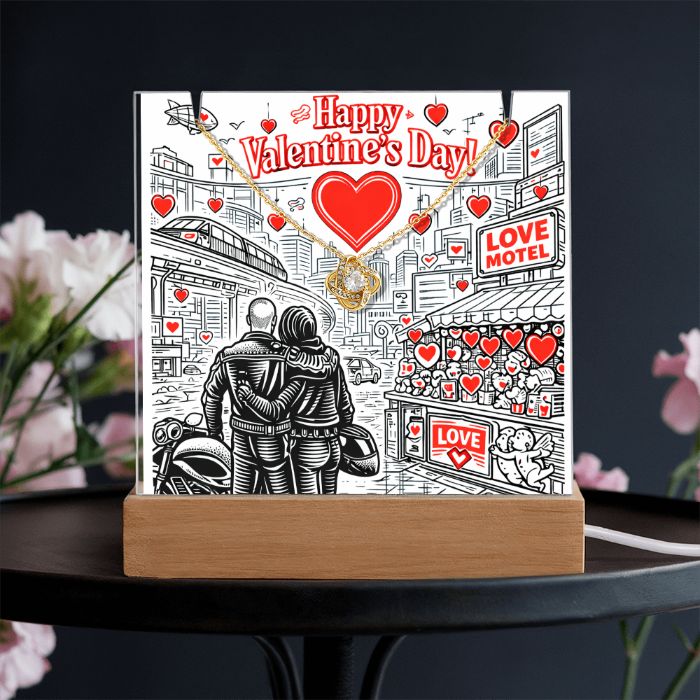 Futuristic Love.  Happy Valentine's Day Cyber Punk Biker Style.  Glowing Stand that lights up and holds a beautiful  "Love Knot" Necklace.  ON SALE NOW!