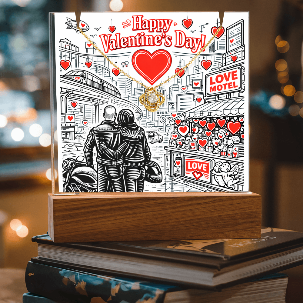 Futuristic Love.  Happy Valentine's Day Cyber Punk Biker Style.  Glowing Stand that lights up and holds a beautiful  "Love Knot" Necklace.  ON SALE NOW!