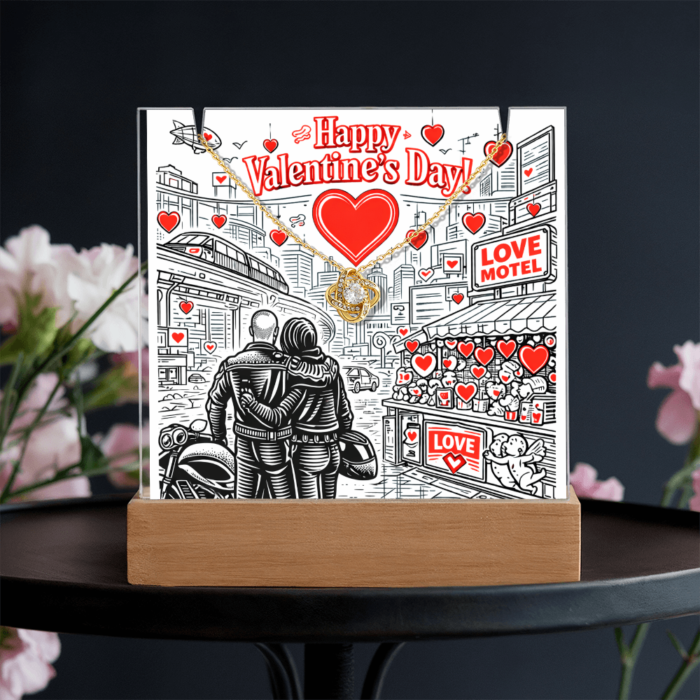 Futuristic Love.  Happy Valentine's Day Cyber Punk Biker Style.  Glowing Stand that lights up and holds a beautiful  "Love Knot" Necklace.  ON SALE NOW!