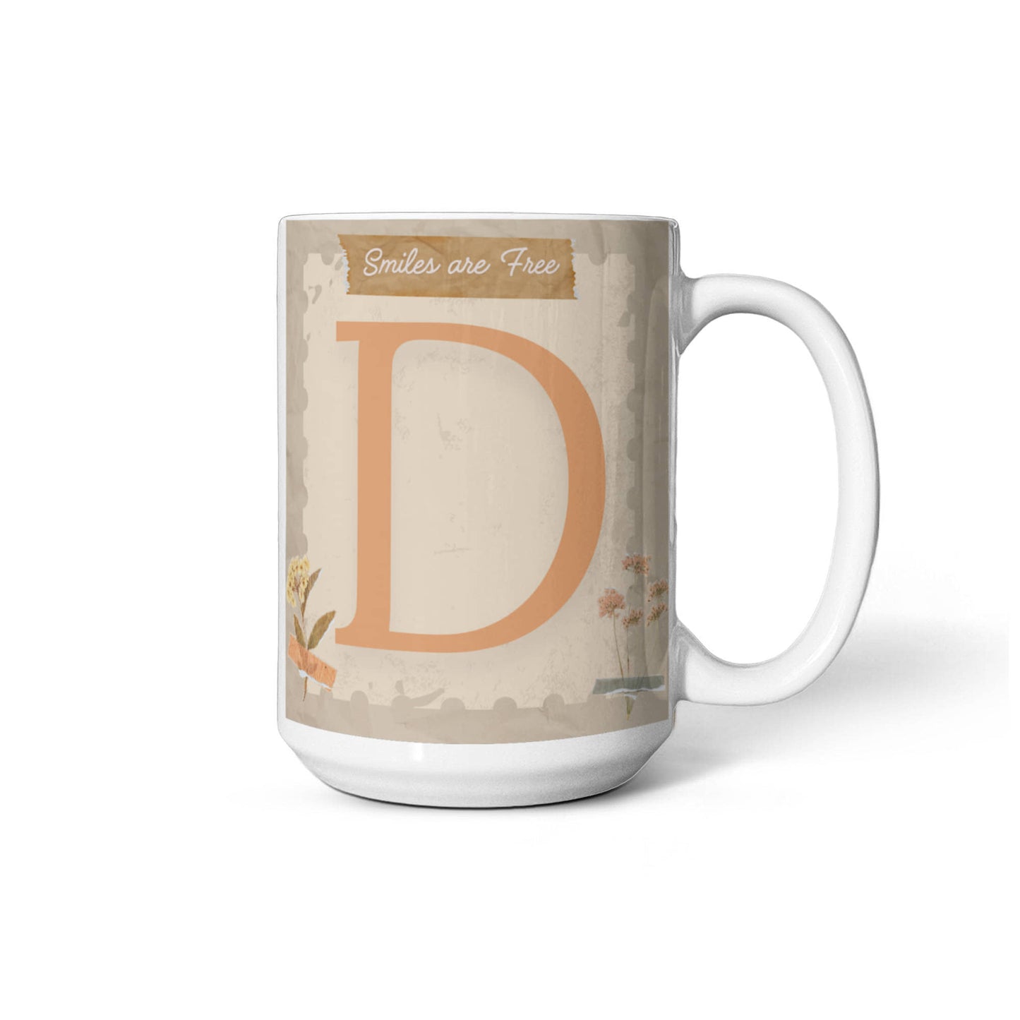 Letter D :  Large Initial Mug -  with the words "Smiles are Free"