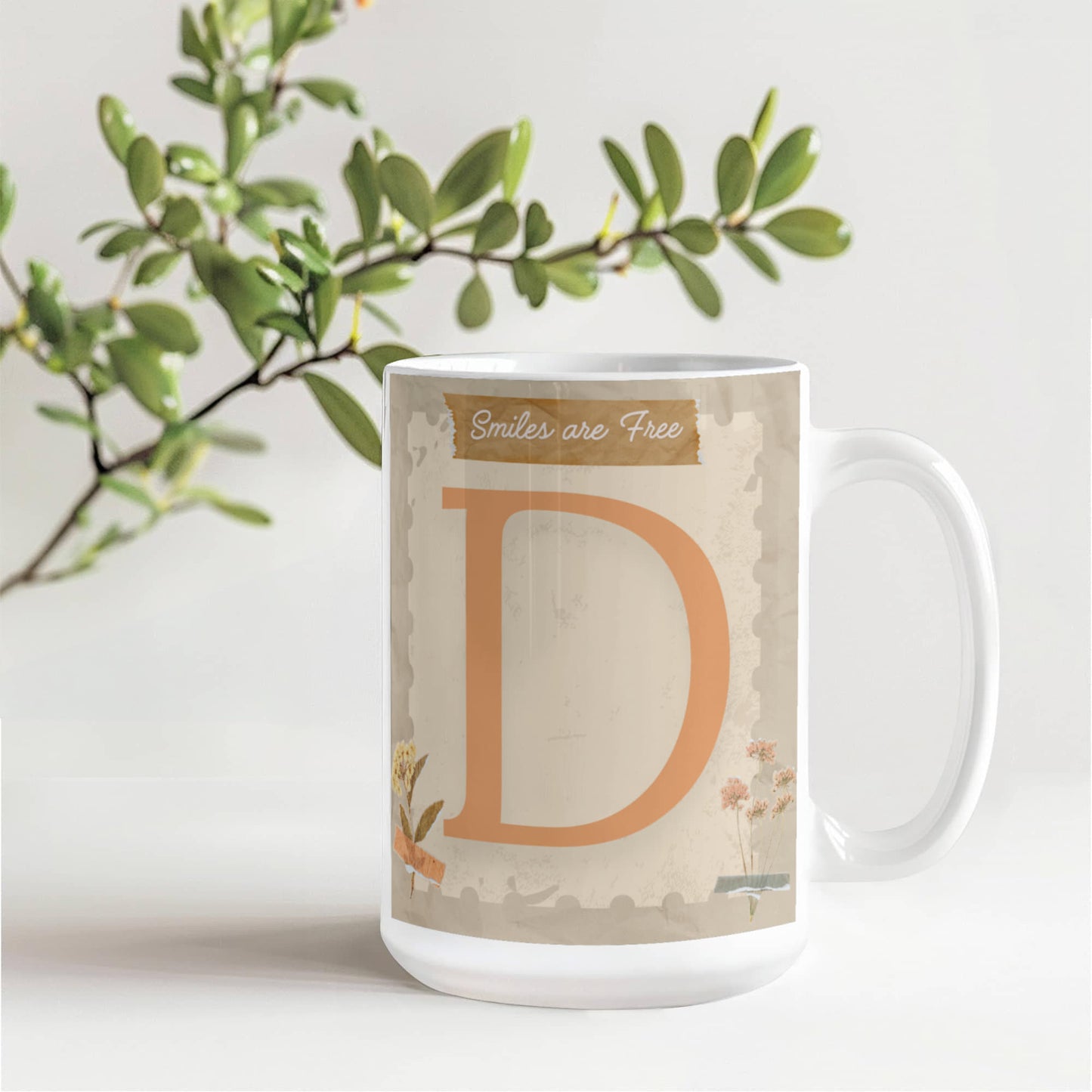 Letter D :  Large Initial Mug -  with the words "Smiles are Free"