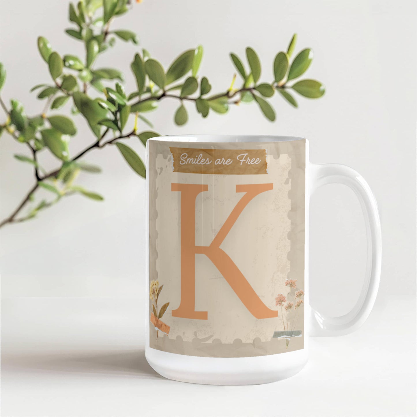 Letter K :  Large Initial Mug -  with the words "Smiles are Free"