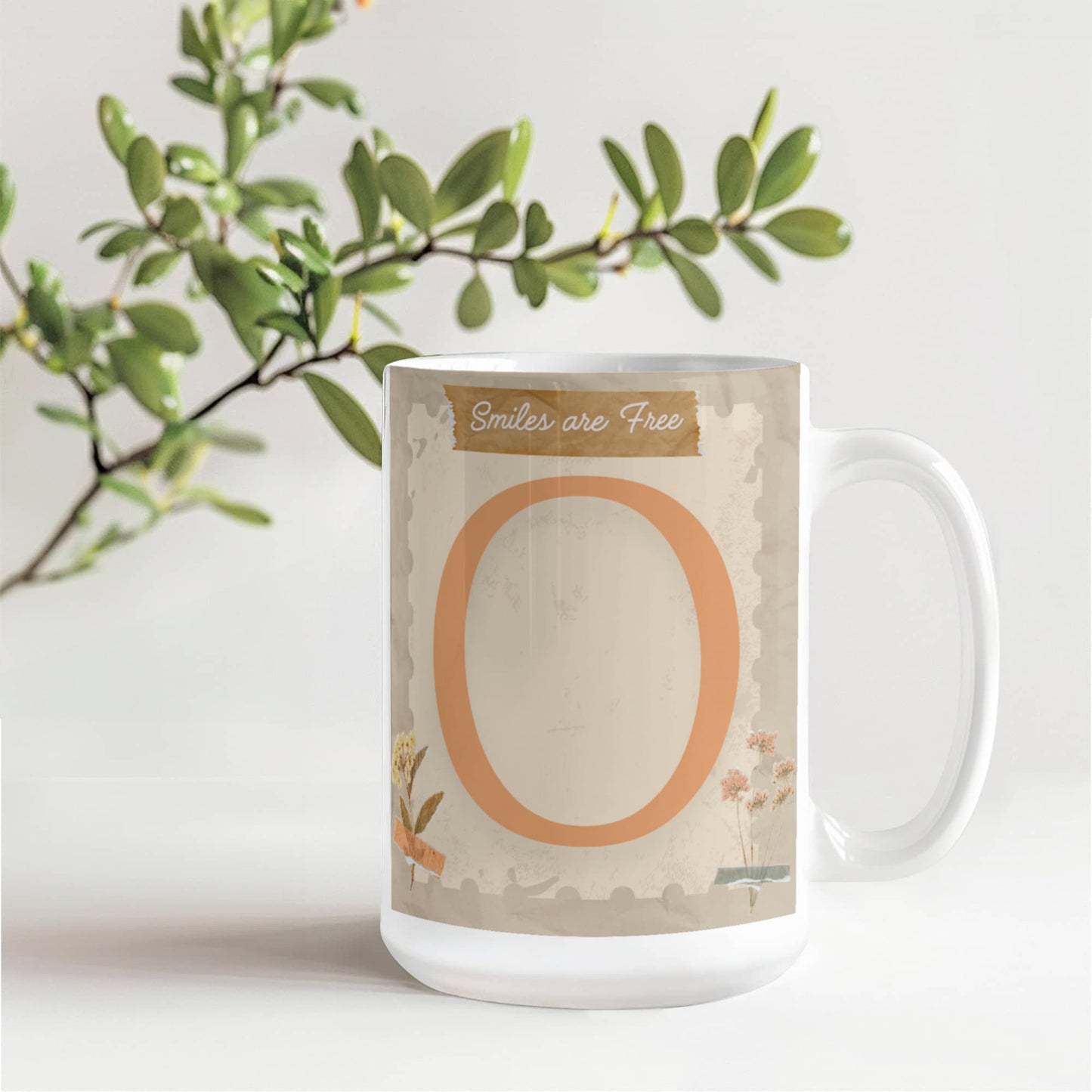 Letter O :  Large Initial Mug -  with the words "Smiles are Free"