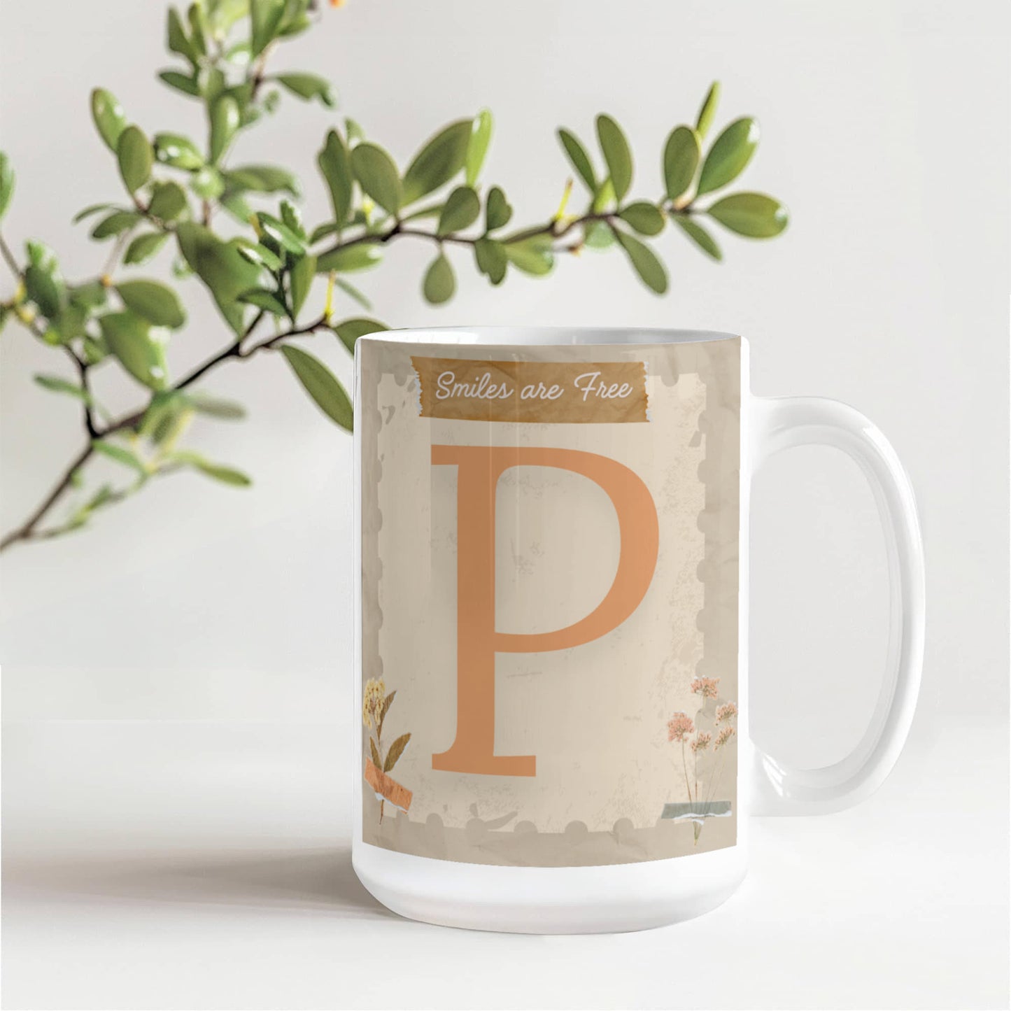 Letter P :  Large Initial Mug -  with the words "Smiles are Free"