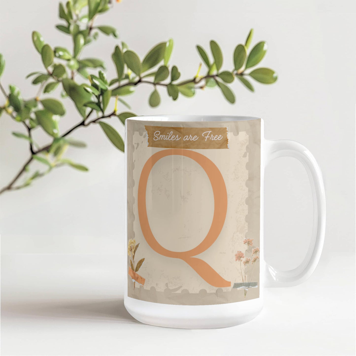 Letter Q :  Large Initial Mug -  with the words "Smiles are Free"