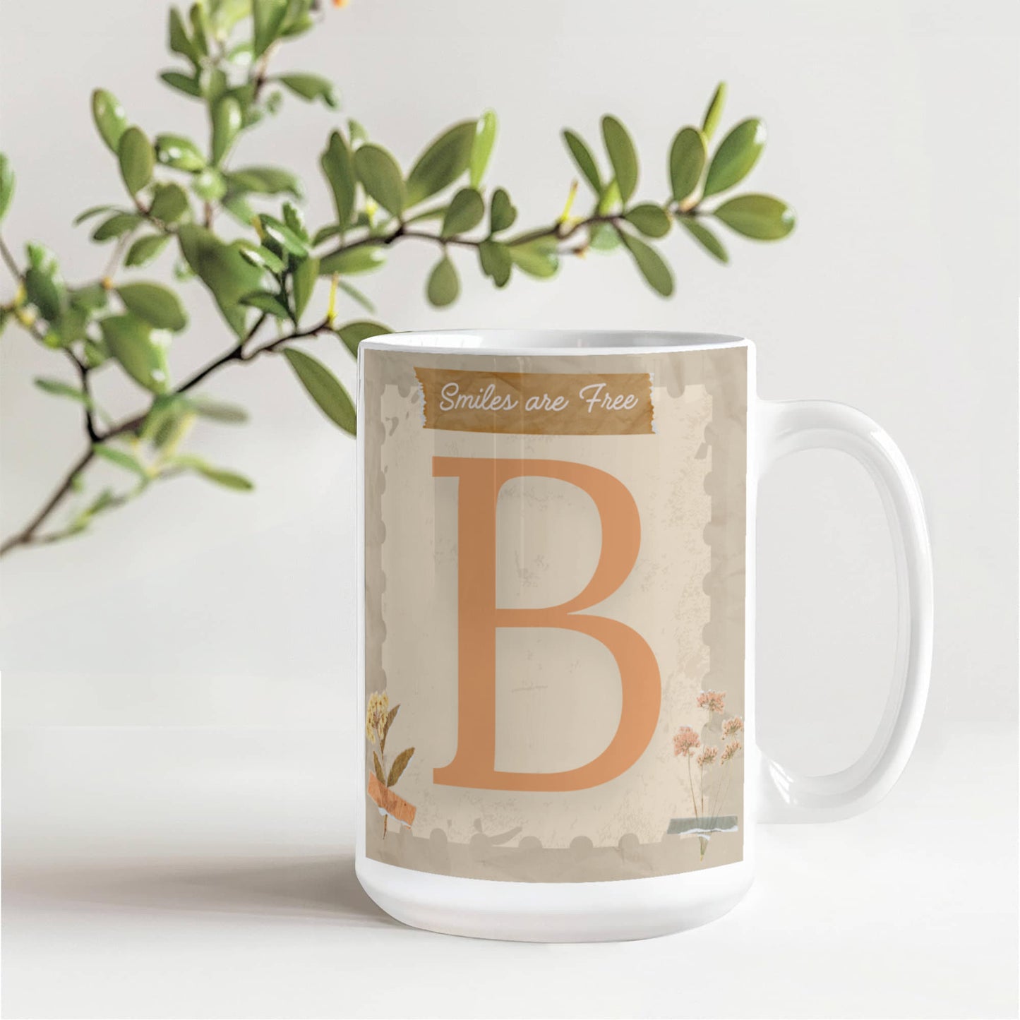 Letter B :  Large Initial Mug -  with the words "Smiles are Free"