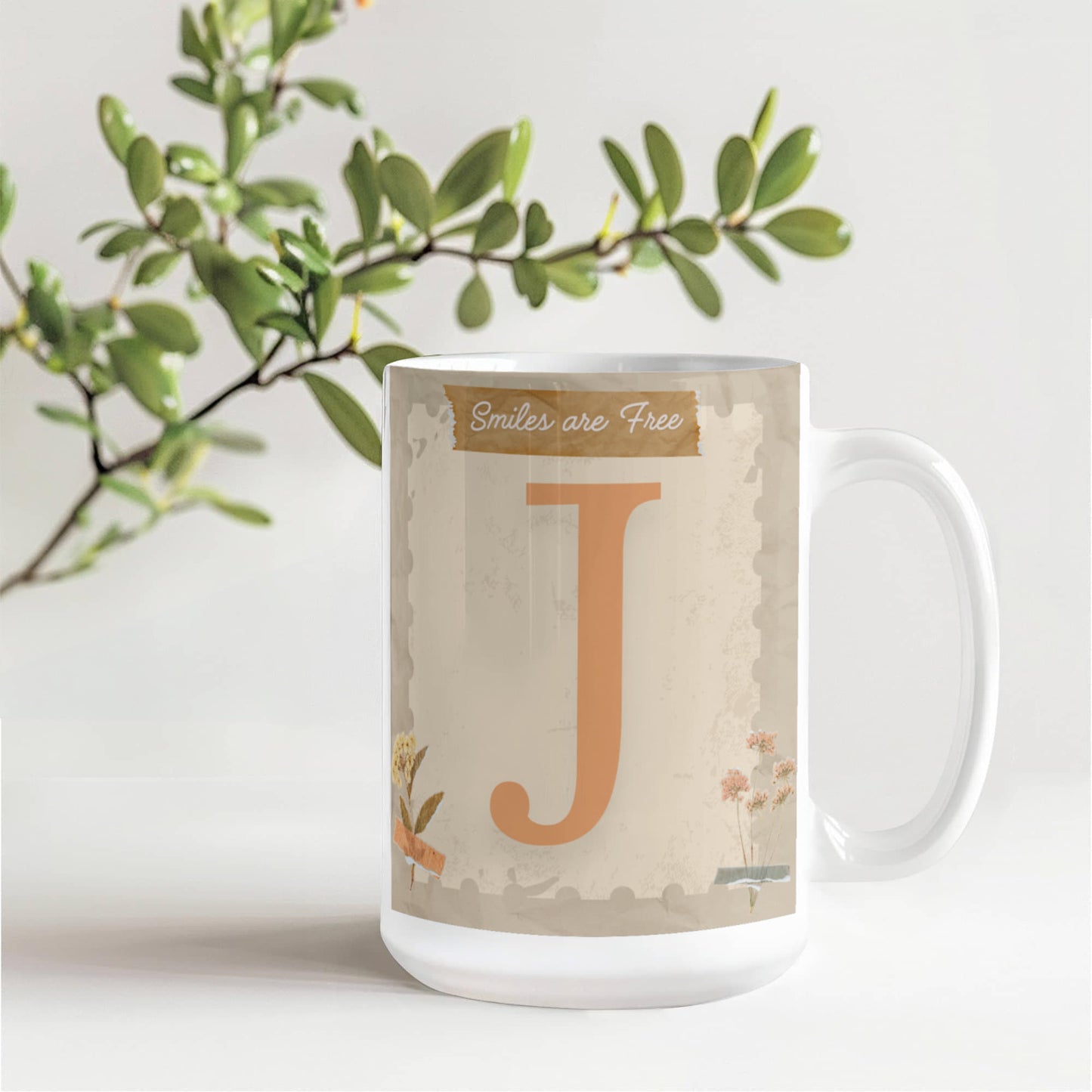 Letter J :  Large Initial Mug -  with the words "Smiles are Free"