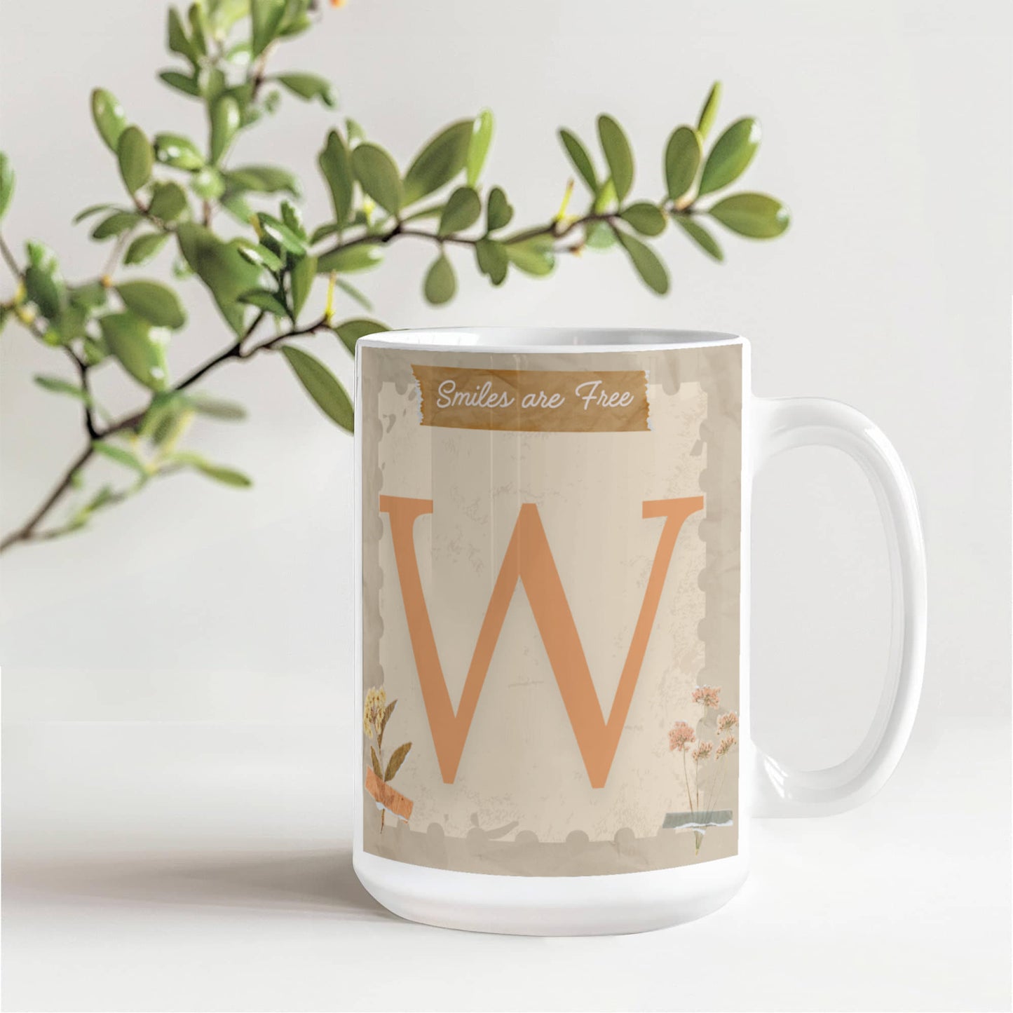 Letter W :  Large Initial Mug -  with the words "Smiles are Free"