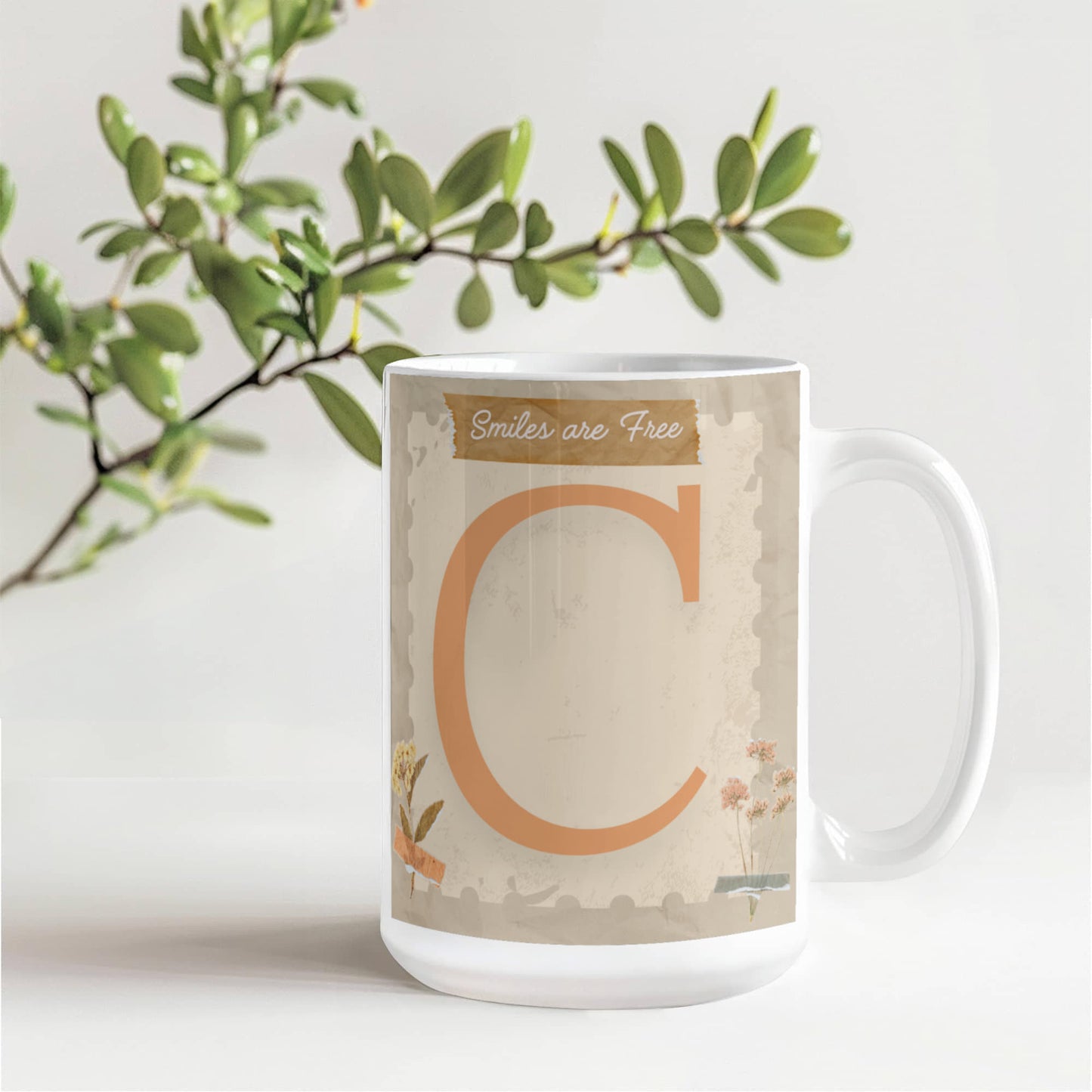Letter C :  Large Initial Mug -  with the words "Smiles are Free"
