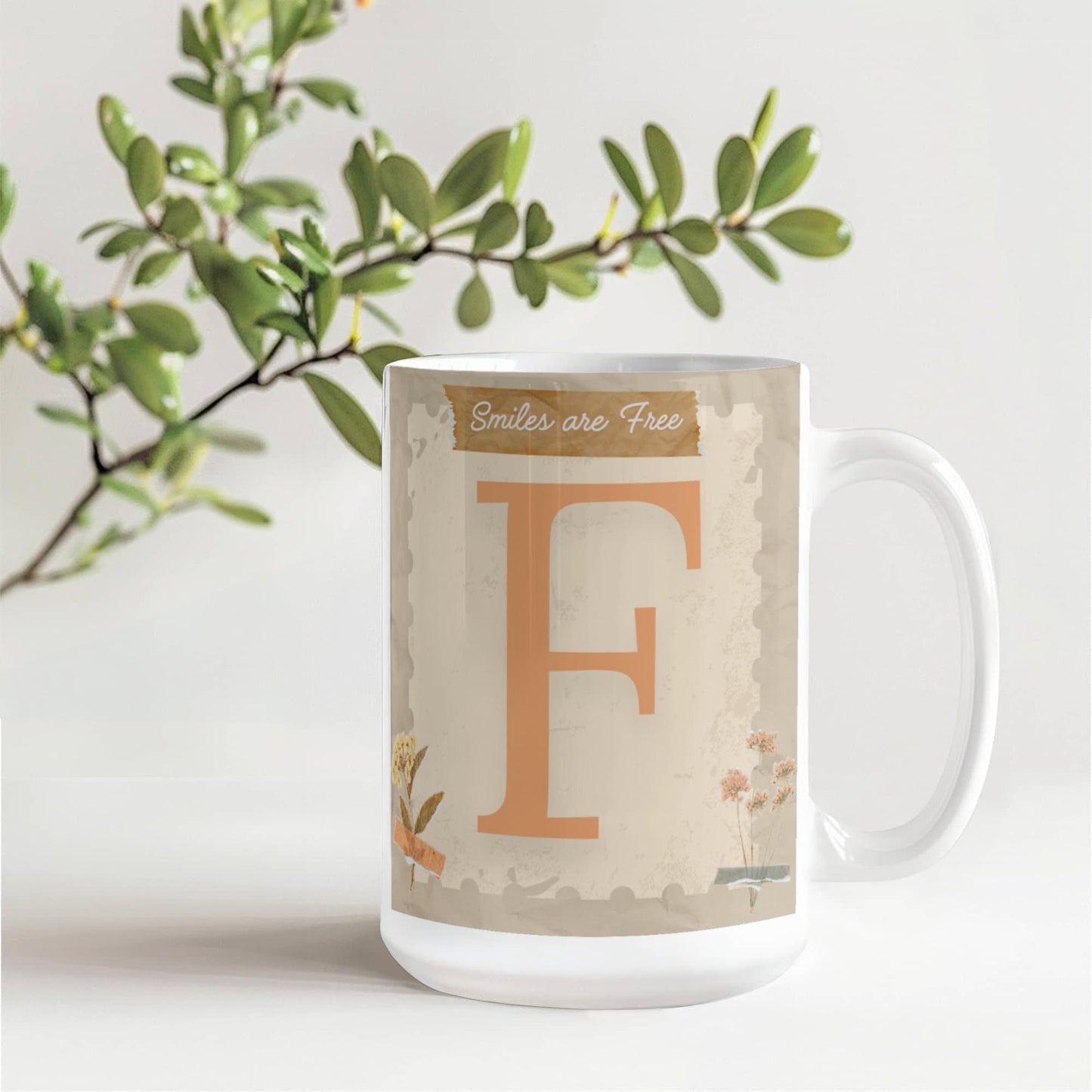 Letter F :  Large Initial Mug -  with the words "Smiles are Free"
