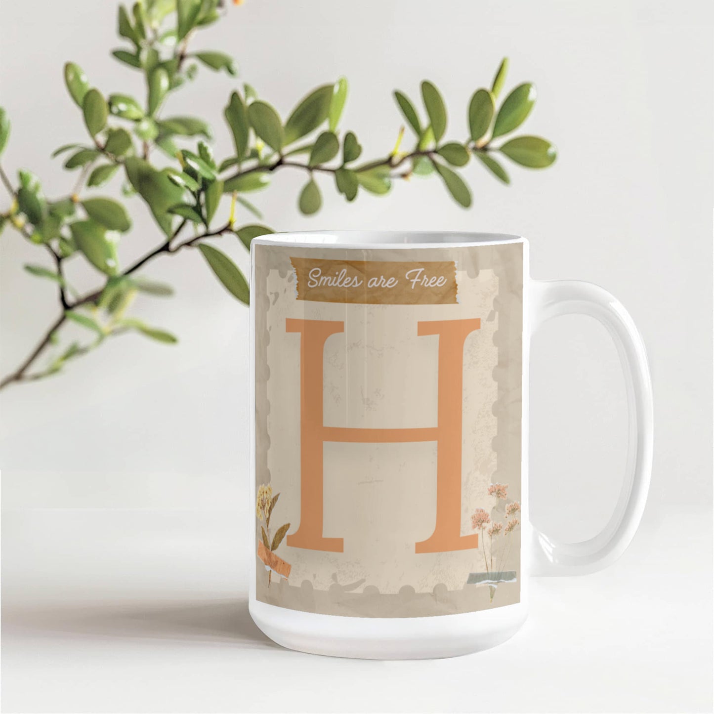 Letter H :  Large Initial Mug -  with the words "Smiles are Free"