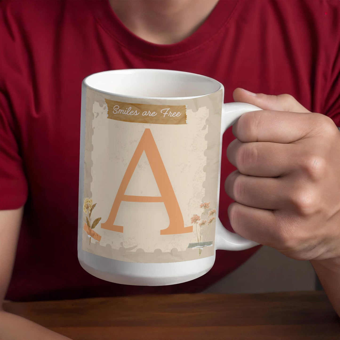 Letter A :  Large Initial Mug -  with the words "Smiles are Free"  (all letters are available)