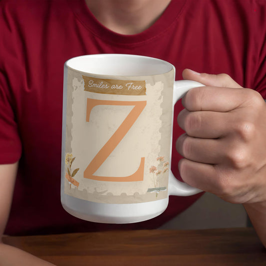 Letter Z :  Large Initial Mug -  with the words "Smiles are Free"