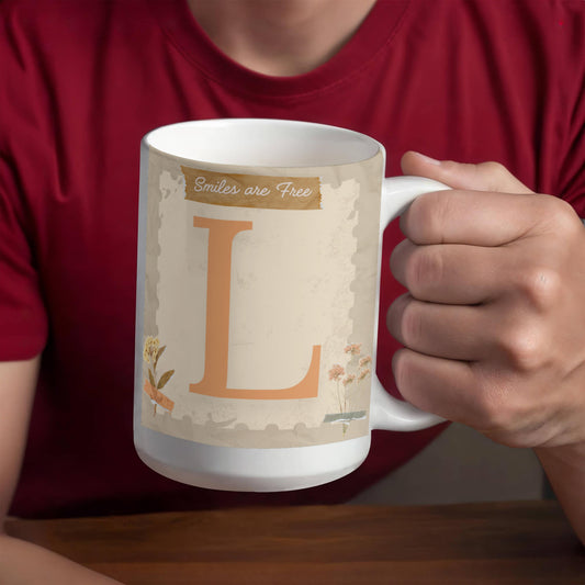 Letter L :  Large Initial Mug -  with the words "Smiles are Free"