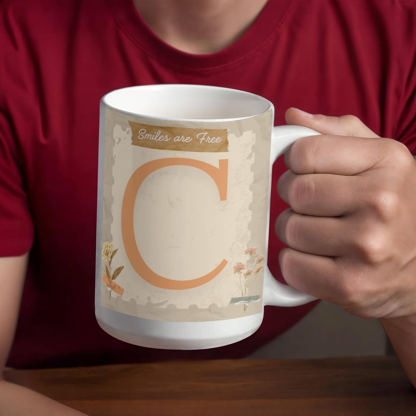 Letter C :  Large Initial Mug -  with the words "Smiles are Free"