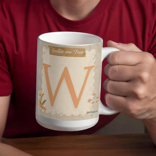 Letter W :  Large Initial Mug -  with the words "Smiles are Free"