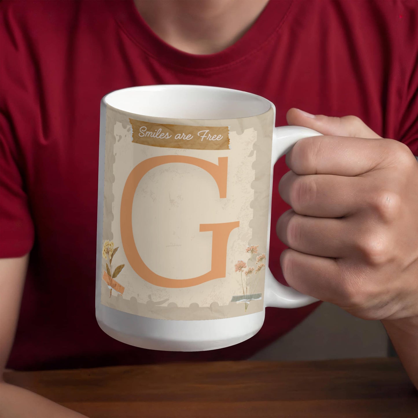 Letter G :  Large Initial Mug -  with the words "Smiles are Free"