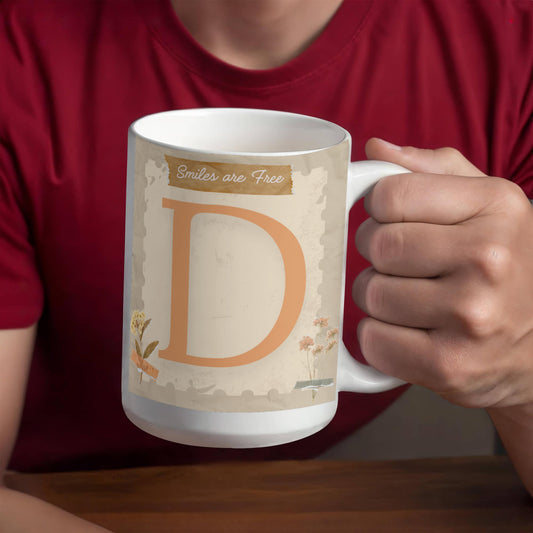 Letter D :  Large Initial Mug -  with the words "Smiles are Free"
