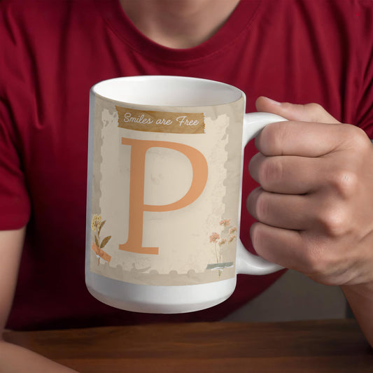 Letter P :  Large Initial Mug -  with the words "Smiles are Free"