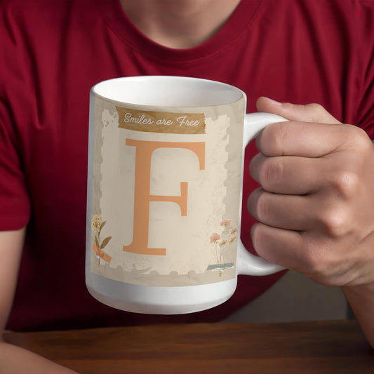Letter F :  Large Initial Mug -  with the words "Smiles are Free"
