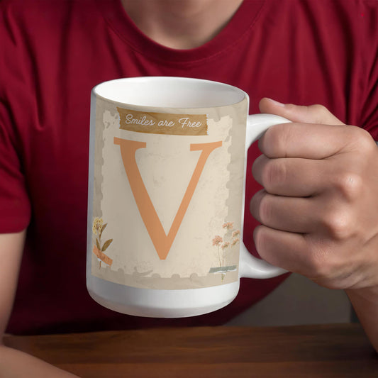 Letter V :  Large Initial Mug -  with the words "Smiles are Free"