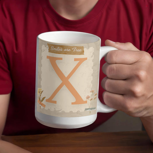 Letter X :  Large Initial Mug -  with the words "Smiles are Free"