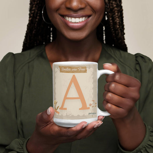 Letter A :  Large Initial Mug -  with the words "Smiles are Free"  (all letters are available)