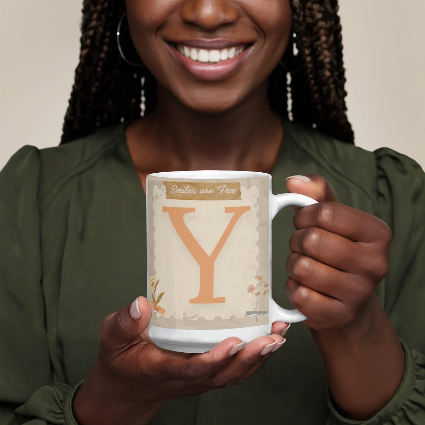 Letter Y :  Large Initial Mug -  with the words "Smiles are Free"