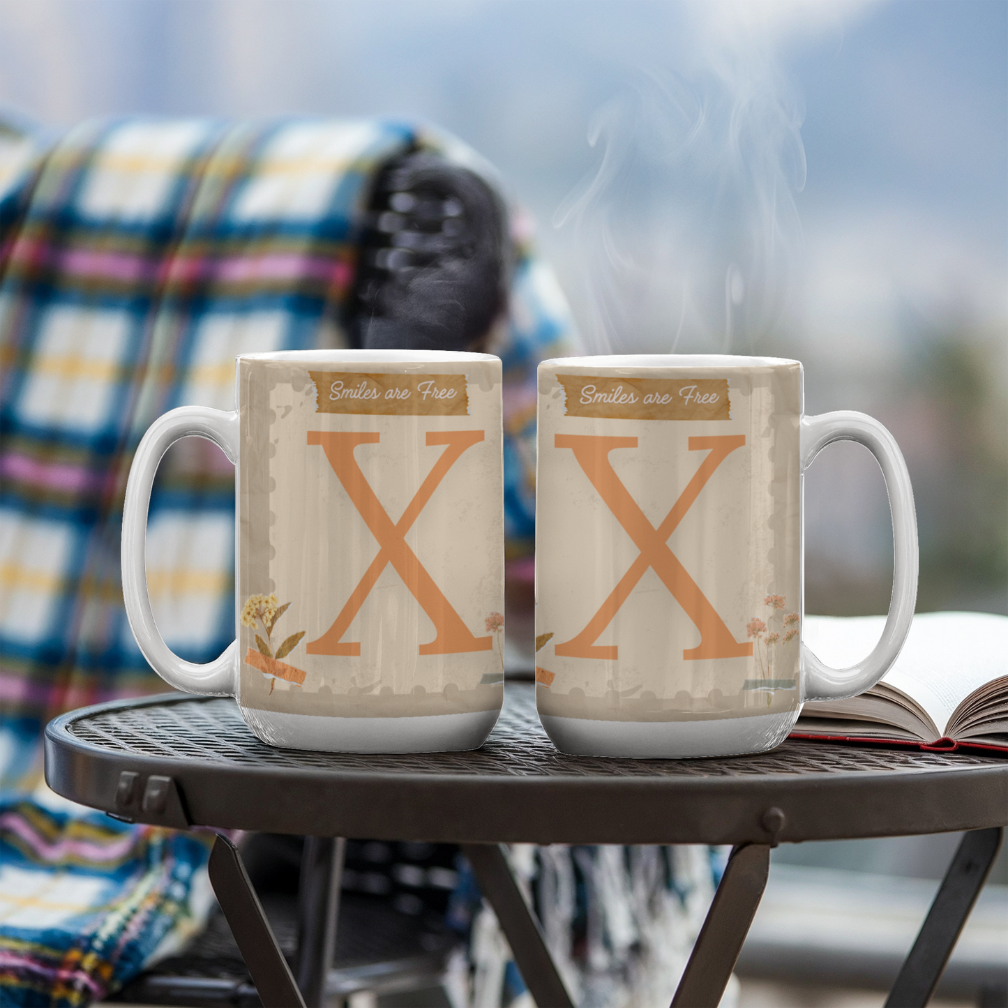 Letter X :  Large Initial Mug -  with the words "Smiles are Free"