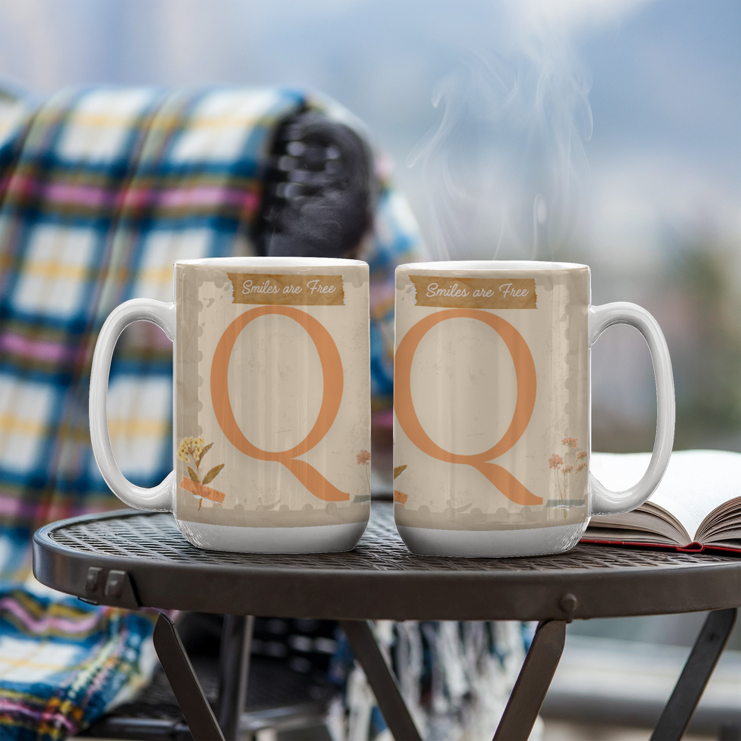 Letter Q :  Large Initial Mug -  with the words "Smiles are Free"
