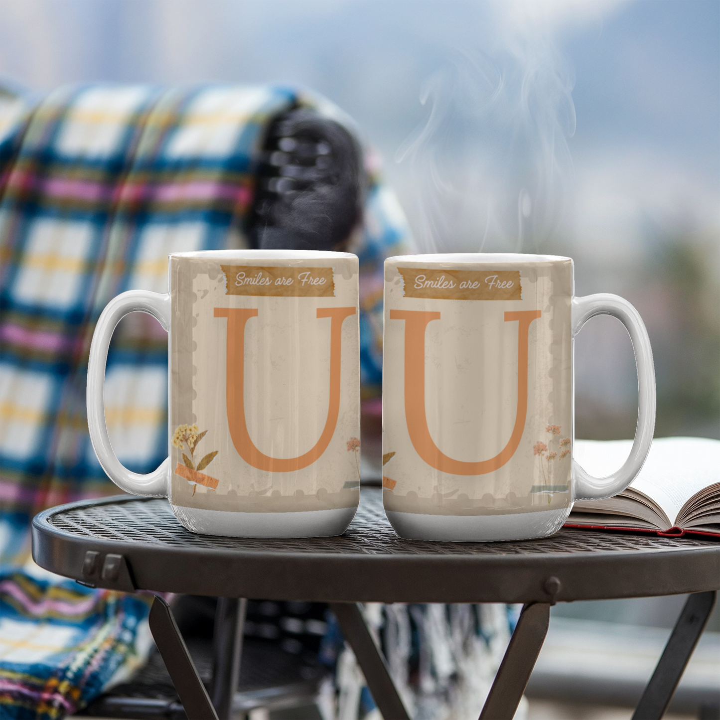 Letter U :  Large Initial Mug -  with the words "Smiles are Free"