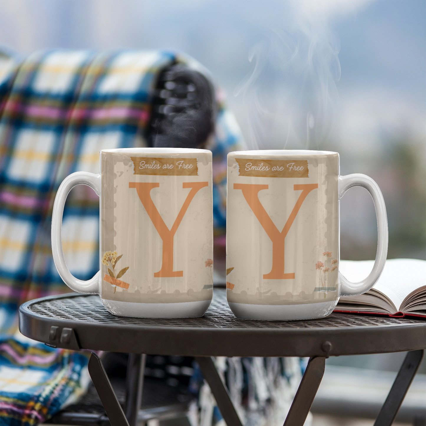 Letter Y :  Large Initial Mug -  with the words "Smiles are Free"